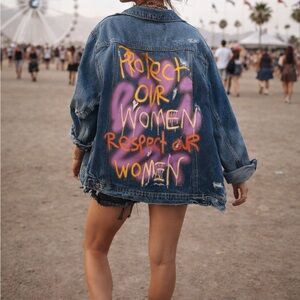 Espoir Apparel Distressed Denim Jacket Graffiti Back Protect and Respect Woman